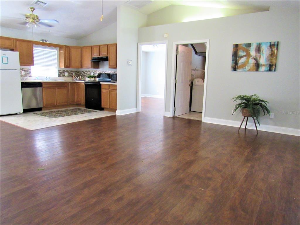 Living space and view of the kitchen