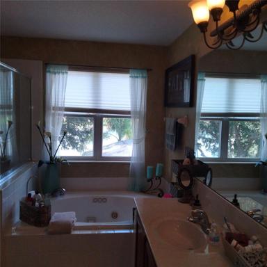 The Master bedroom has a jetted roman tub and double sinks. one raised higher than the other with a huge mirror reflecting a beautiful view of the pond