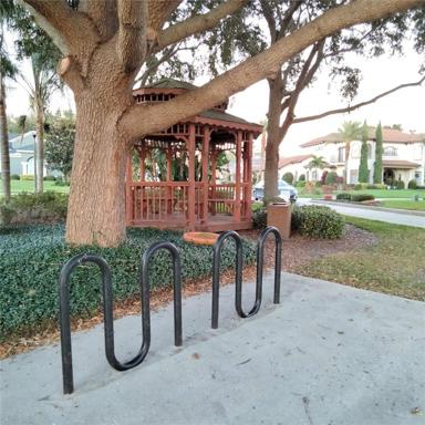 The waterfront park with a Gazebo and bike rack
