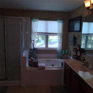The Master bedroom has a jetted roman tub, large shower stall, linen closet, and double sinks. one raised higher than the other with a huge mirror reflecting a beautiful view of the pond