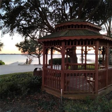The waterfront park with a Gazebo and bike rack