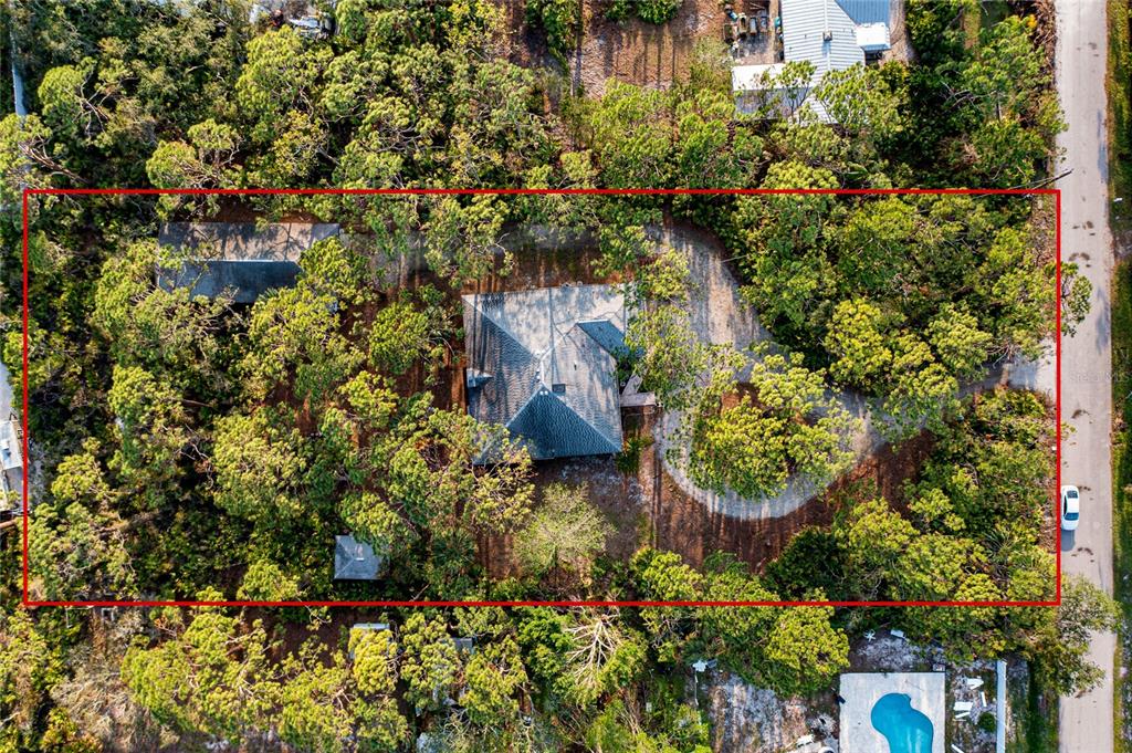 The birds eye view from above shows the layout of all structures on the property.