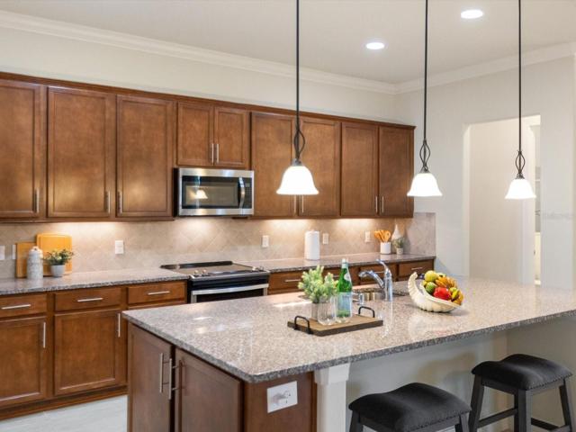Pendant lights over kitchen island.