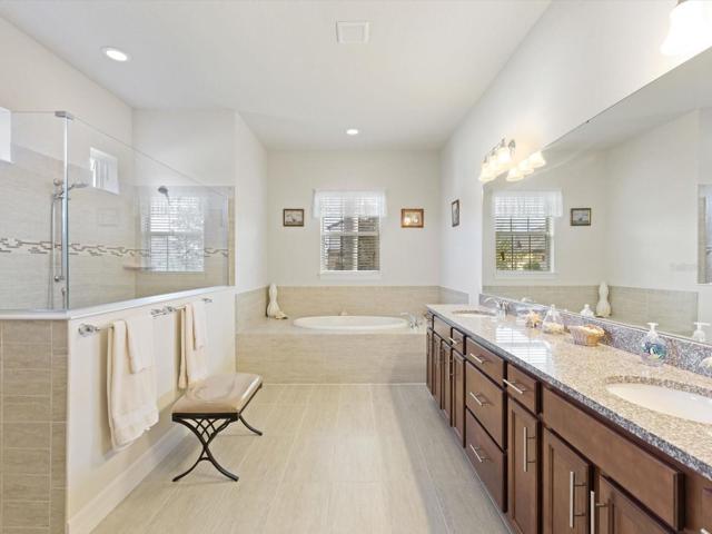 Master bathroom with sinking tub, walk-in standing shower, and double sinks.