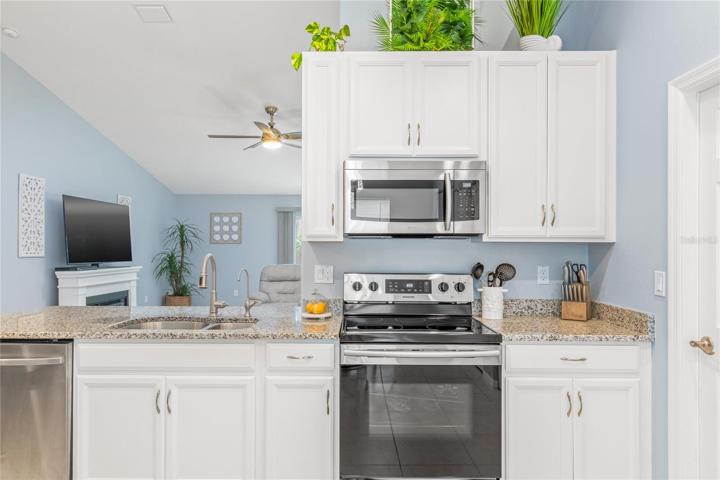 Kitchen in main house with view into living room.