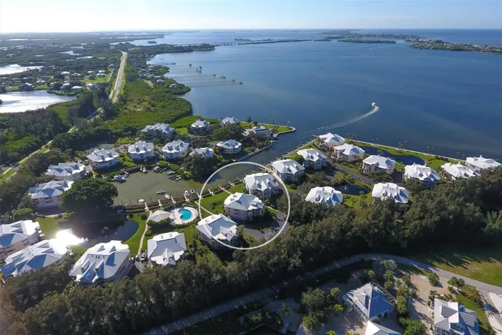 Aerial view overlooking marina