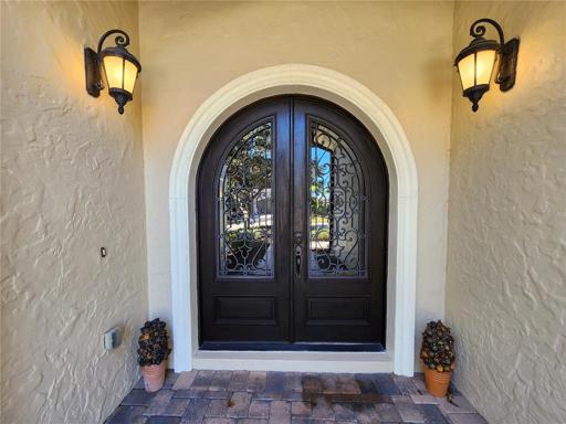 Front Entrance Wood Exterior Double Doors with Covered Area