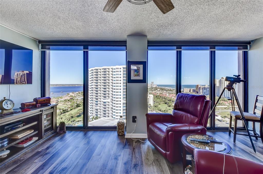 River and Beach Views from Living Area- remote control shades