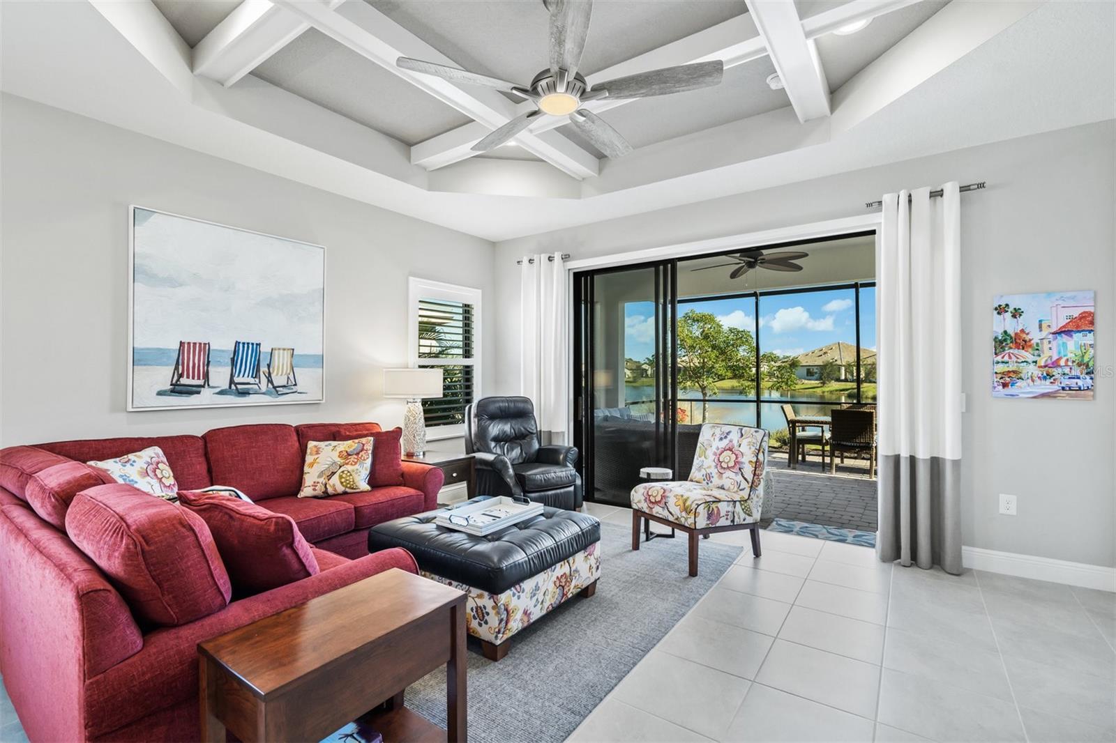 WATER VIEW FROM GREAT ROOM-COFFERED CEILING CUSTOM WOOD WORK