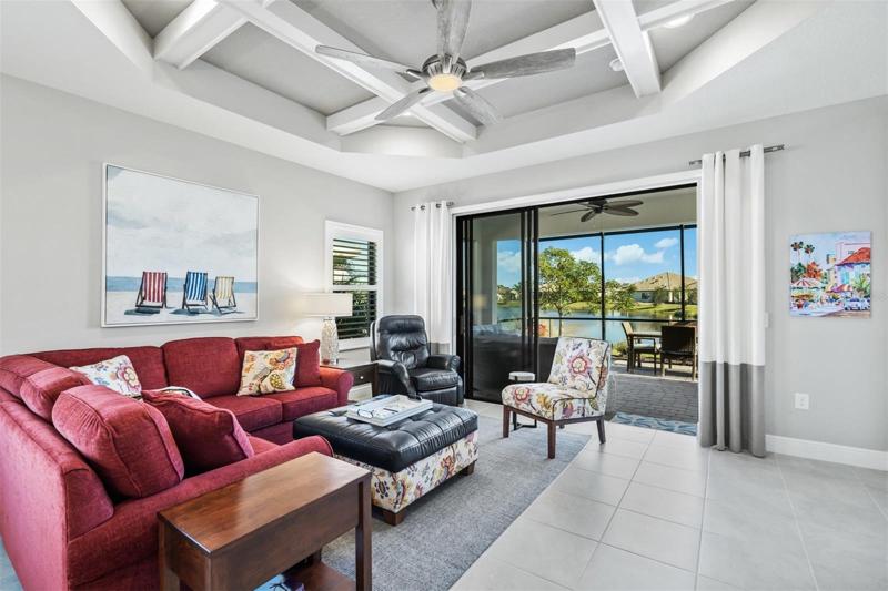 WATER VIEW FROM GREAT ROOM-COFFERED CEILING CUSTOM WOOD WORK