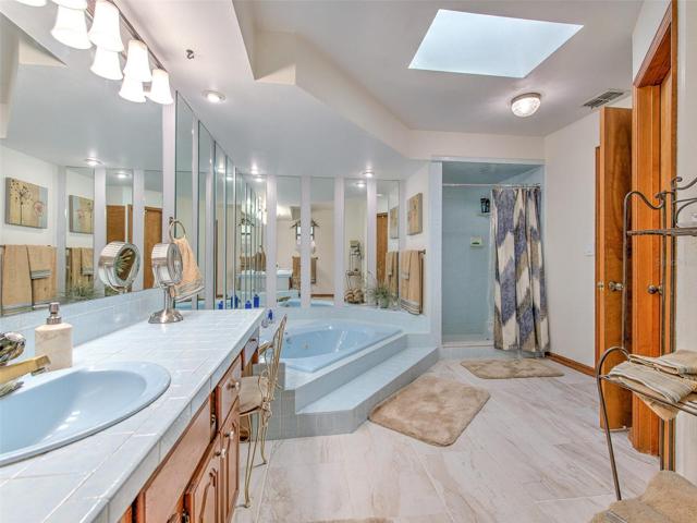 Master Bathroom (solid wood cabinets, skylight, large soaking jetted tub, makeup/vanity area, shower, walk-in closet and linen closet.)