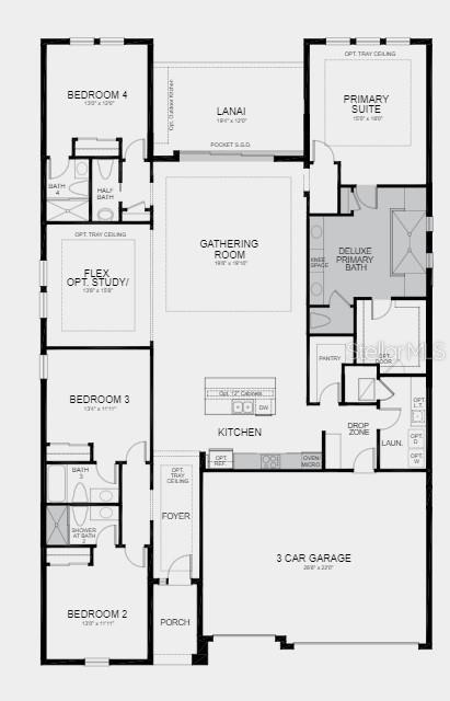 Structural options include: Tray ceilings, standing shower in bath 2, pocket sliding glass doors in gathering room, gourmet kitchen and deluxe primary bath.