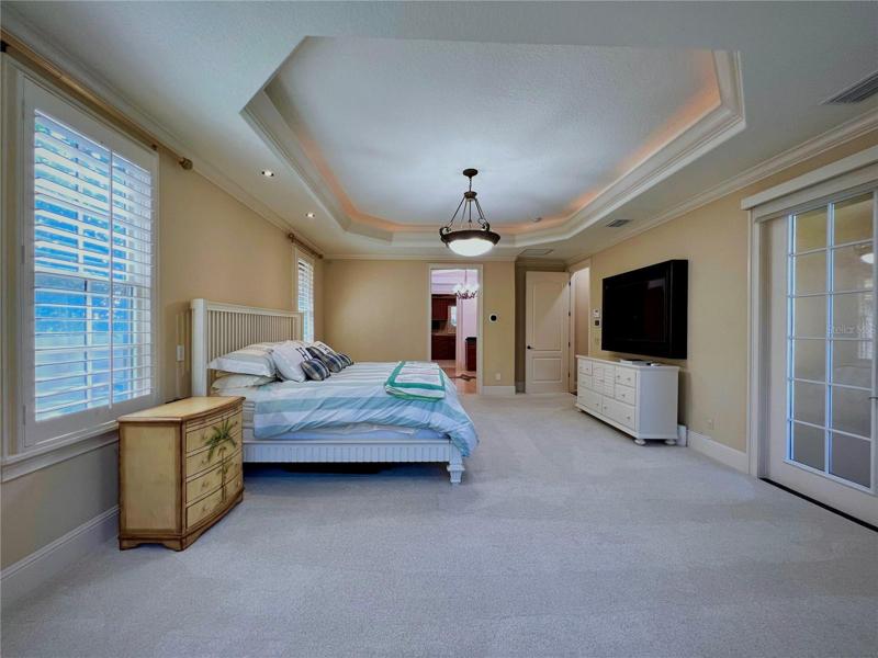 Luxurious primary bedroom with tray ceilings and flex space