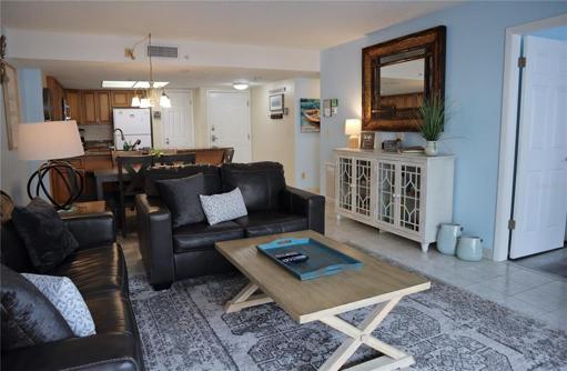 View of the living room into the dining are and kitchen.