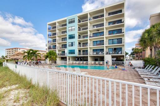 View of the backside of the building plus the heated pool.