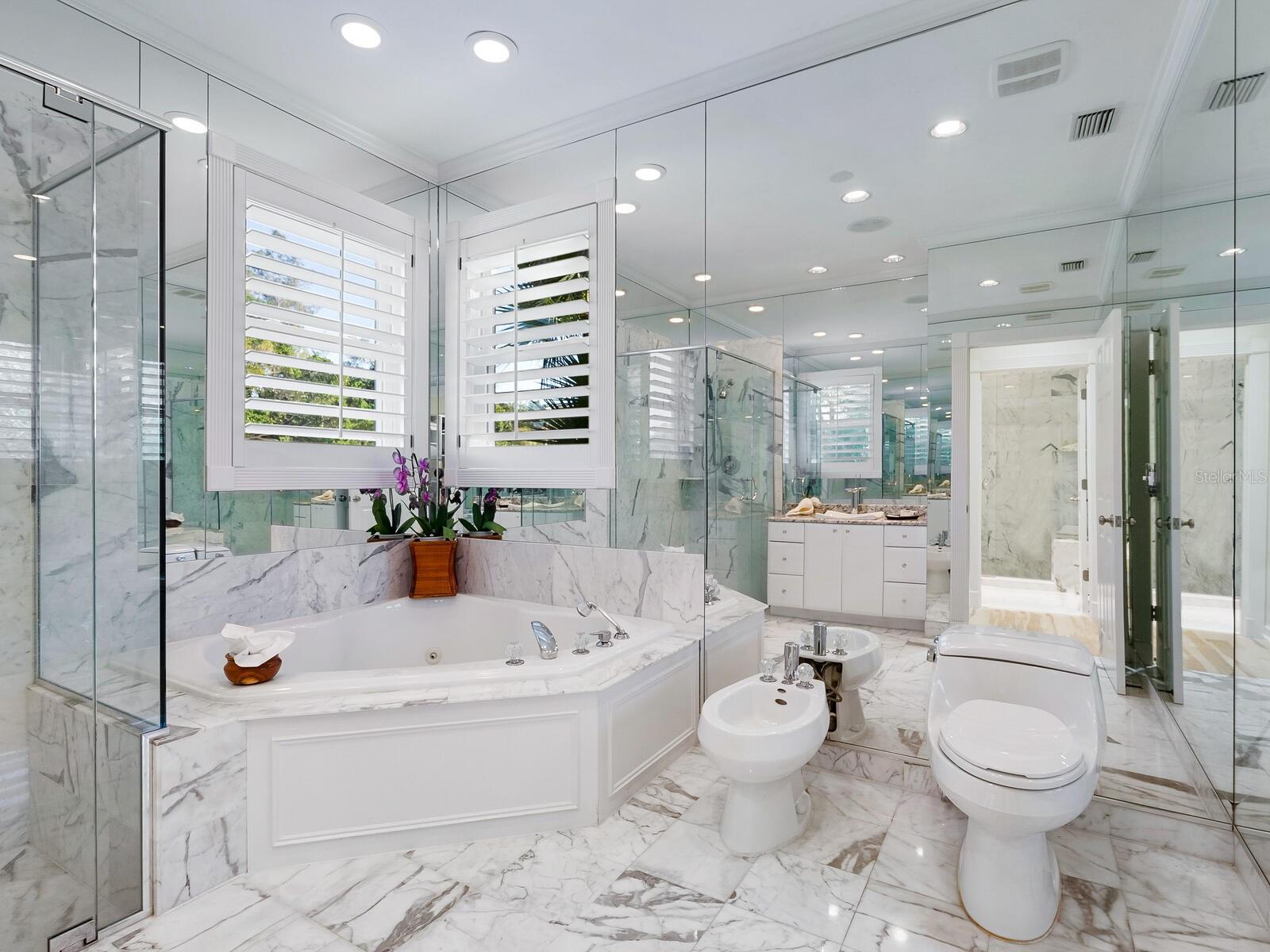The larger of the "owners suite" bathrooms has a deep jetted tub, a bidet, a separate shower