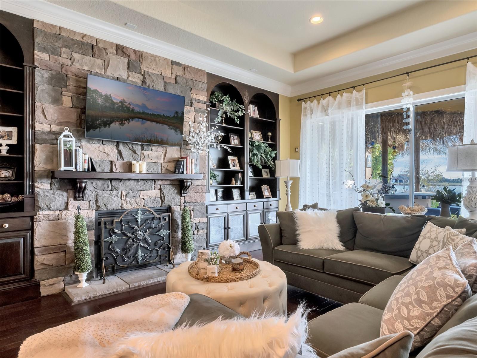 Stone Fireplace and built in custom features