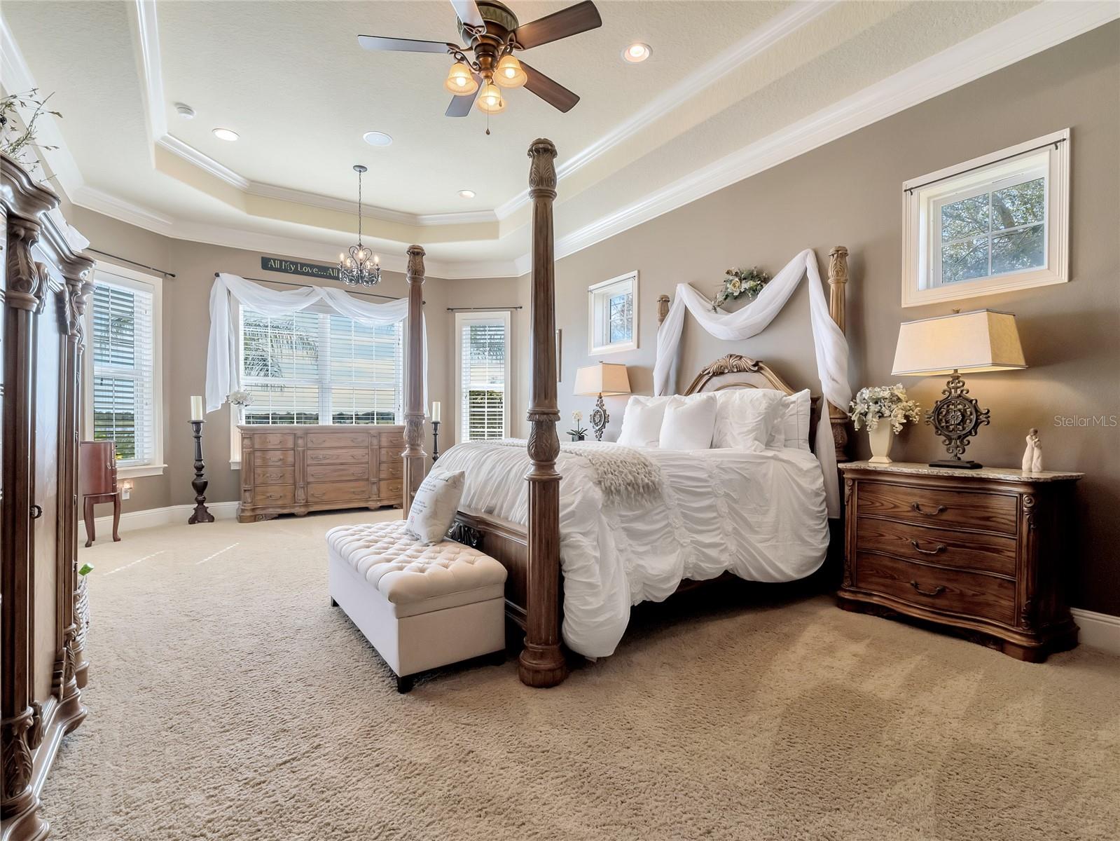 Tray ceilings, double crown, speakers and ceilings fans throughout the home