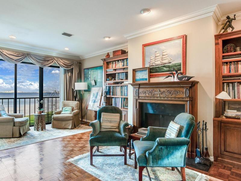 Living room view and fireplace