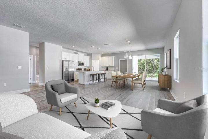 Virtually staged. Living area, dining area and open kitchen.