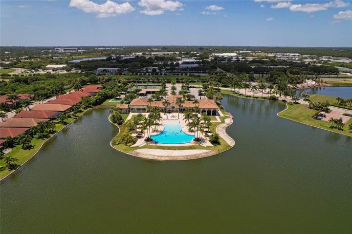 Aerial view of clubhouse with infinity edge pool