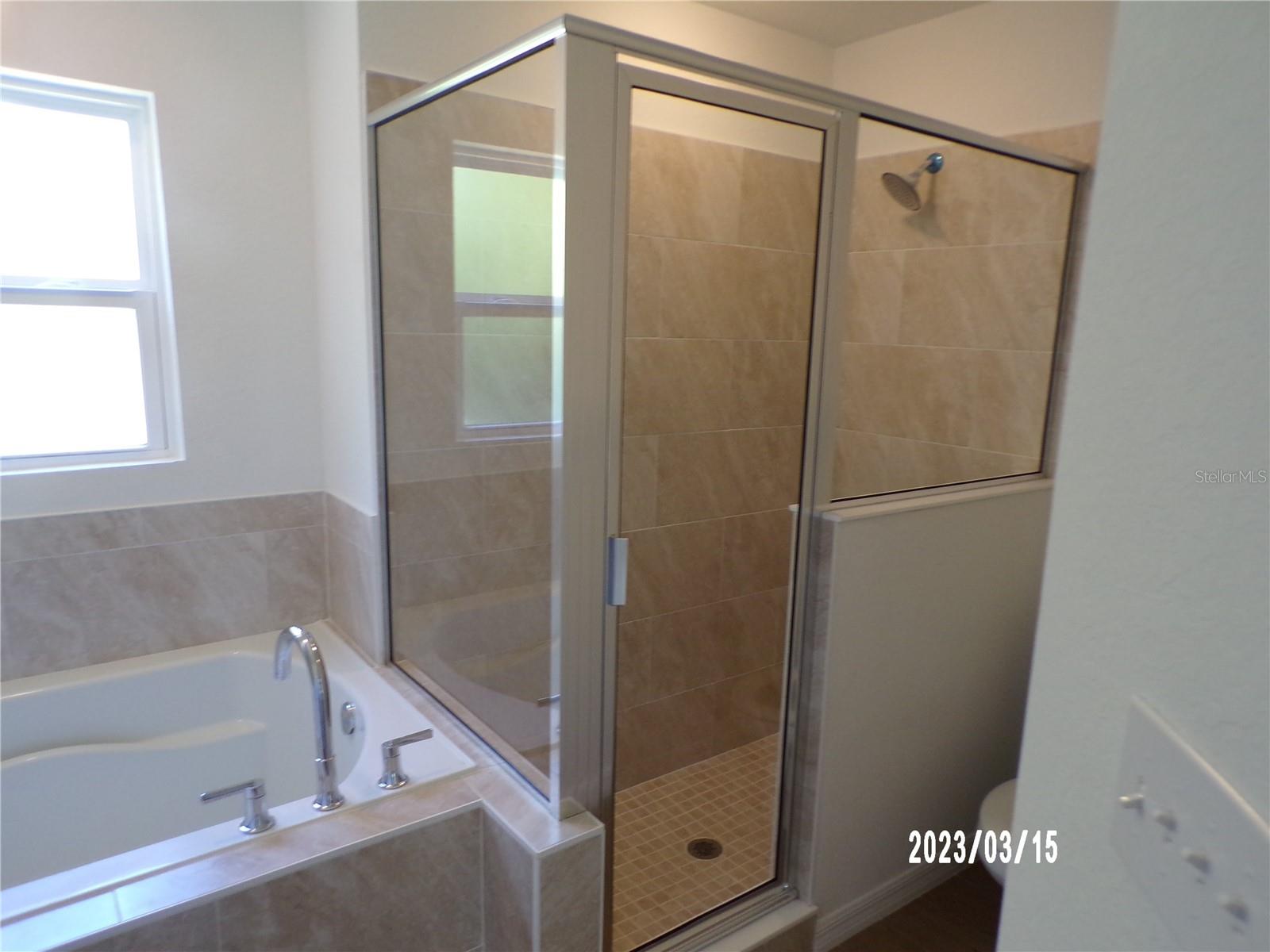 tile shower, garden tub and double sinks