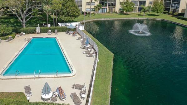 Aerial view nearby pool, water fountain
