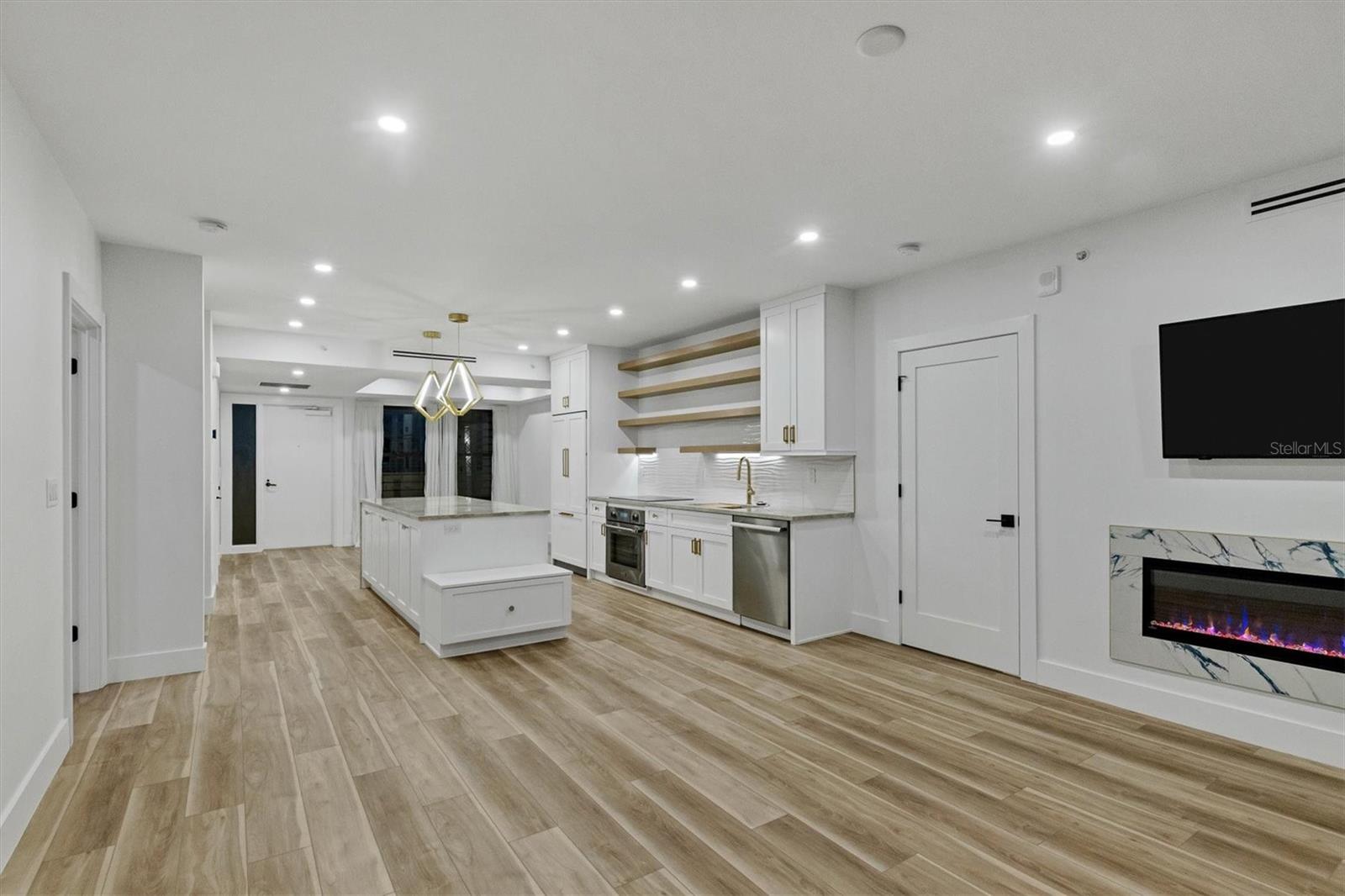 Fireplace and kitchen