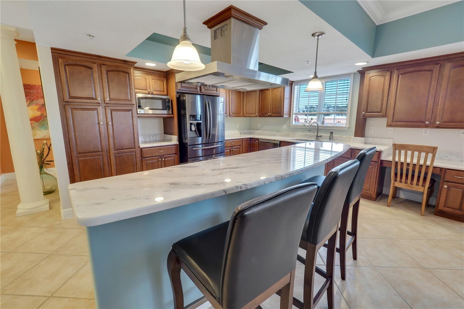 Another view of breakfast bar and cabinets.  Great double door pantry 