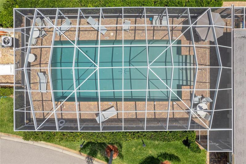 Aerial of pool, screened cage