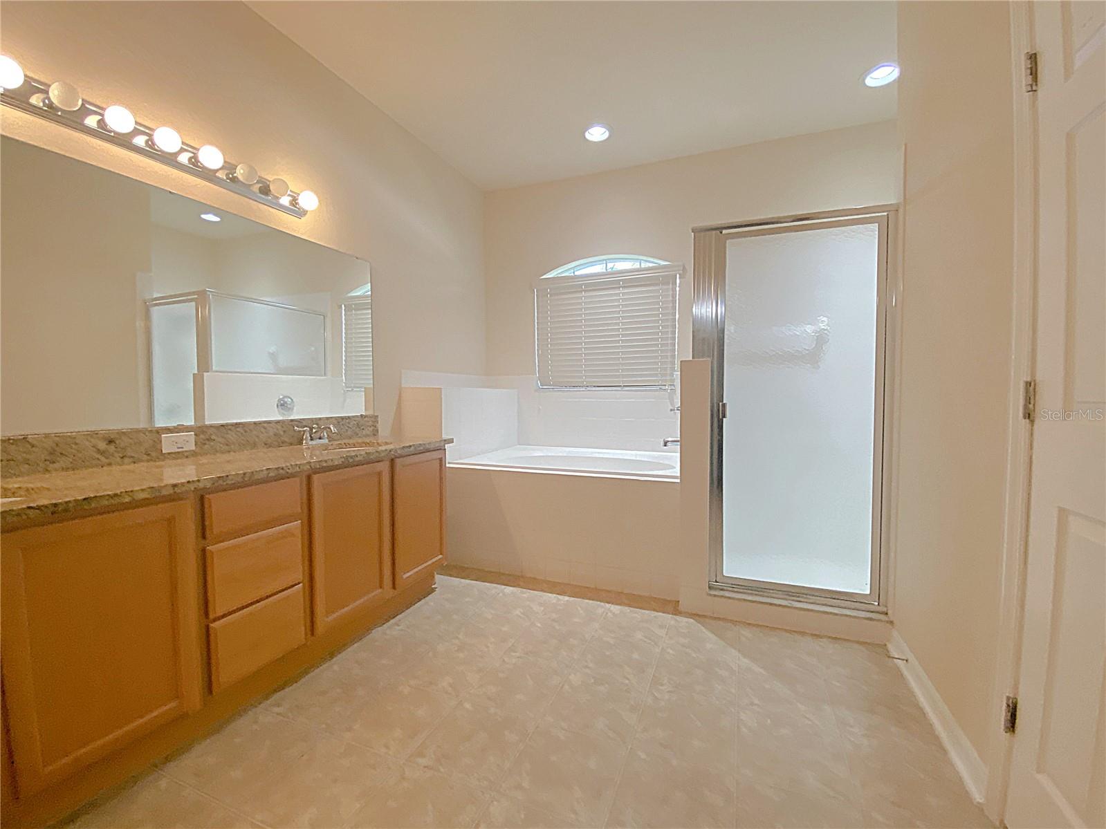 Master bathroom offers shower stall, garden tub, dual sinks, and walk-in closet