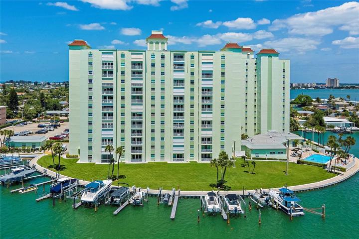 View of Three Palms Pointe community surrounded by boat slips.
