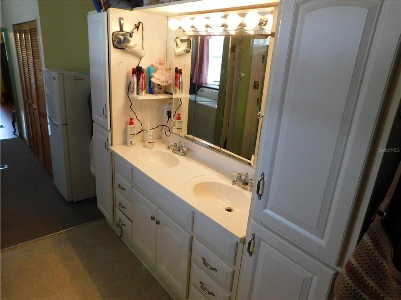 Master bathroom has double vanity, step-in shower, updated high toilet and laminate flooring.