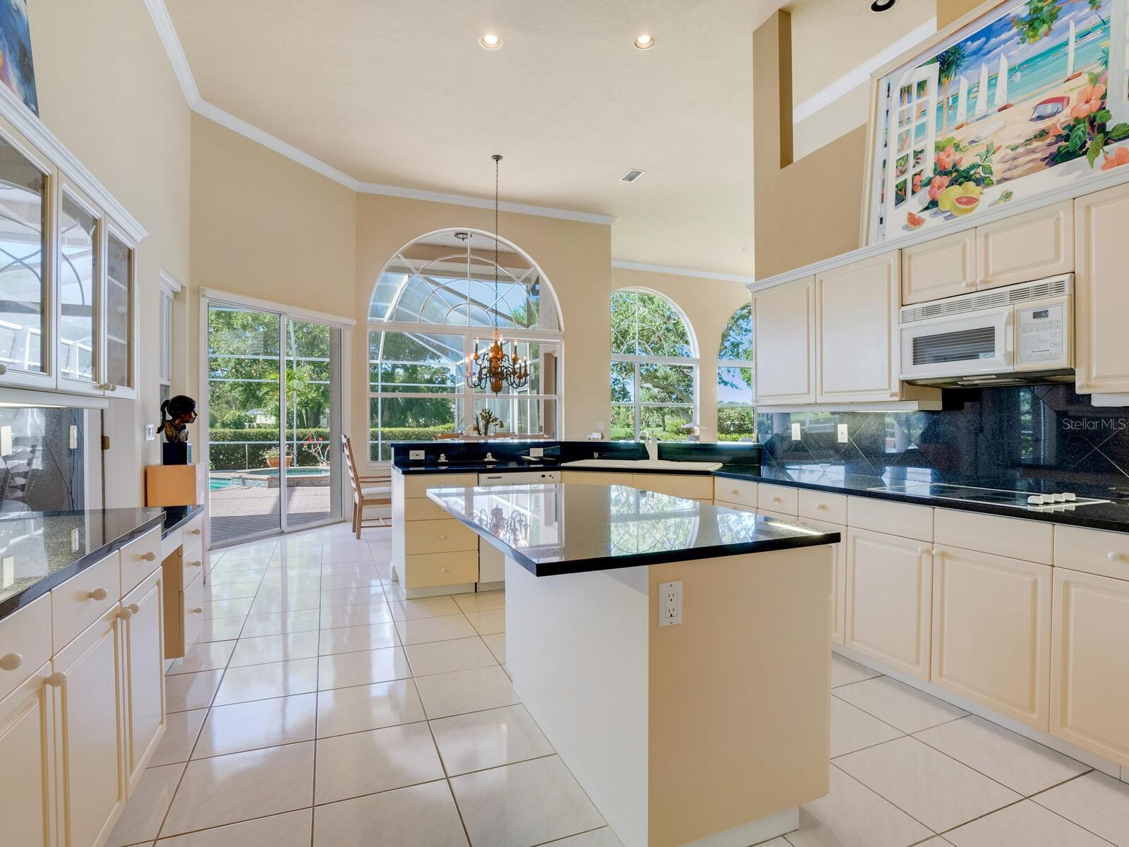 Large kitchen with center island and lots of counter space and storage with pretty outdoor views beyond.