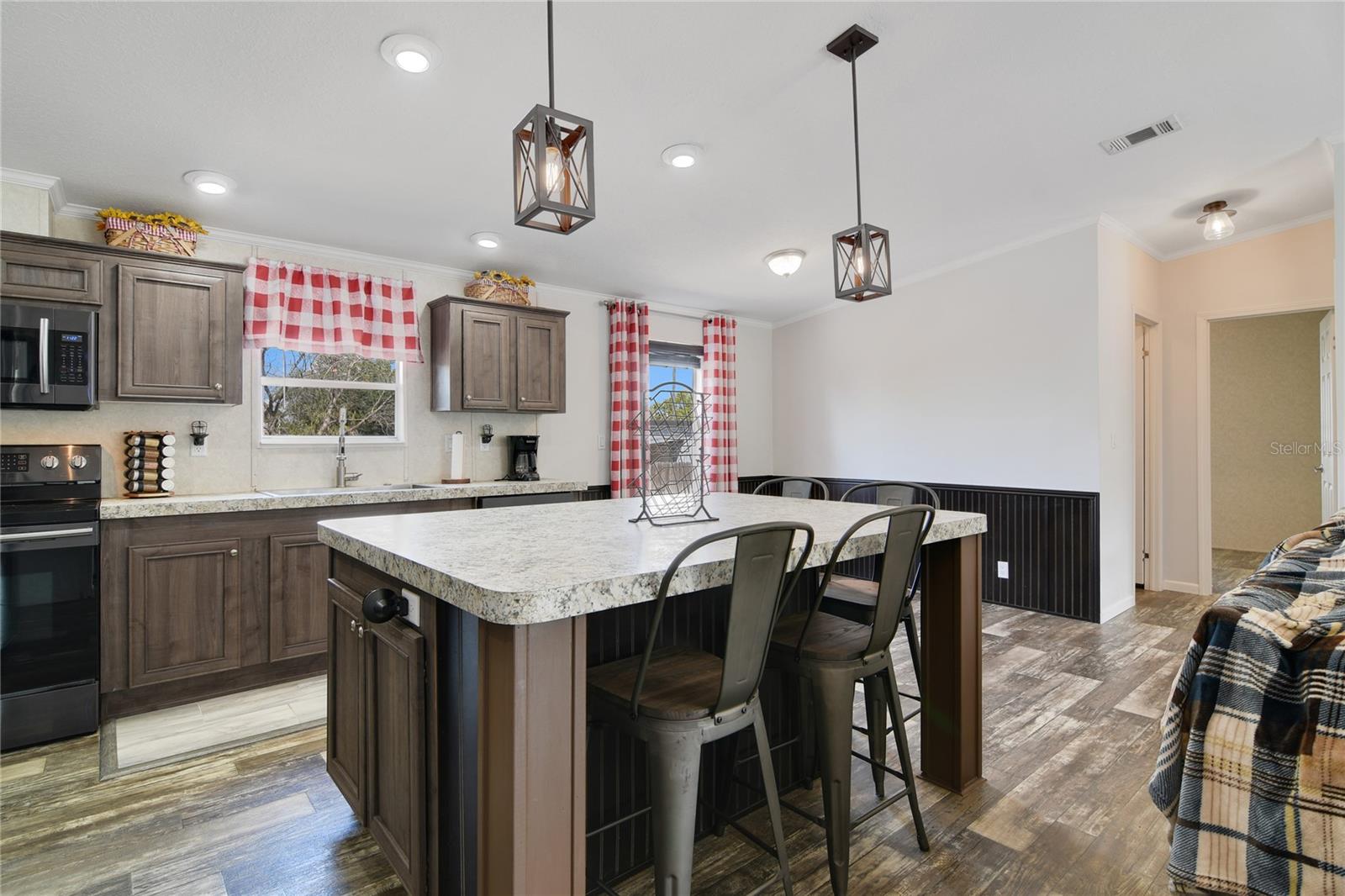 The kitchen and dining room area