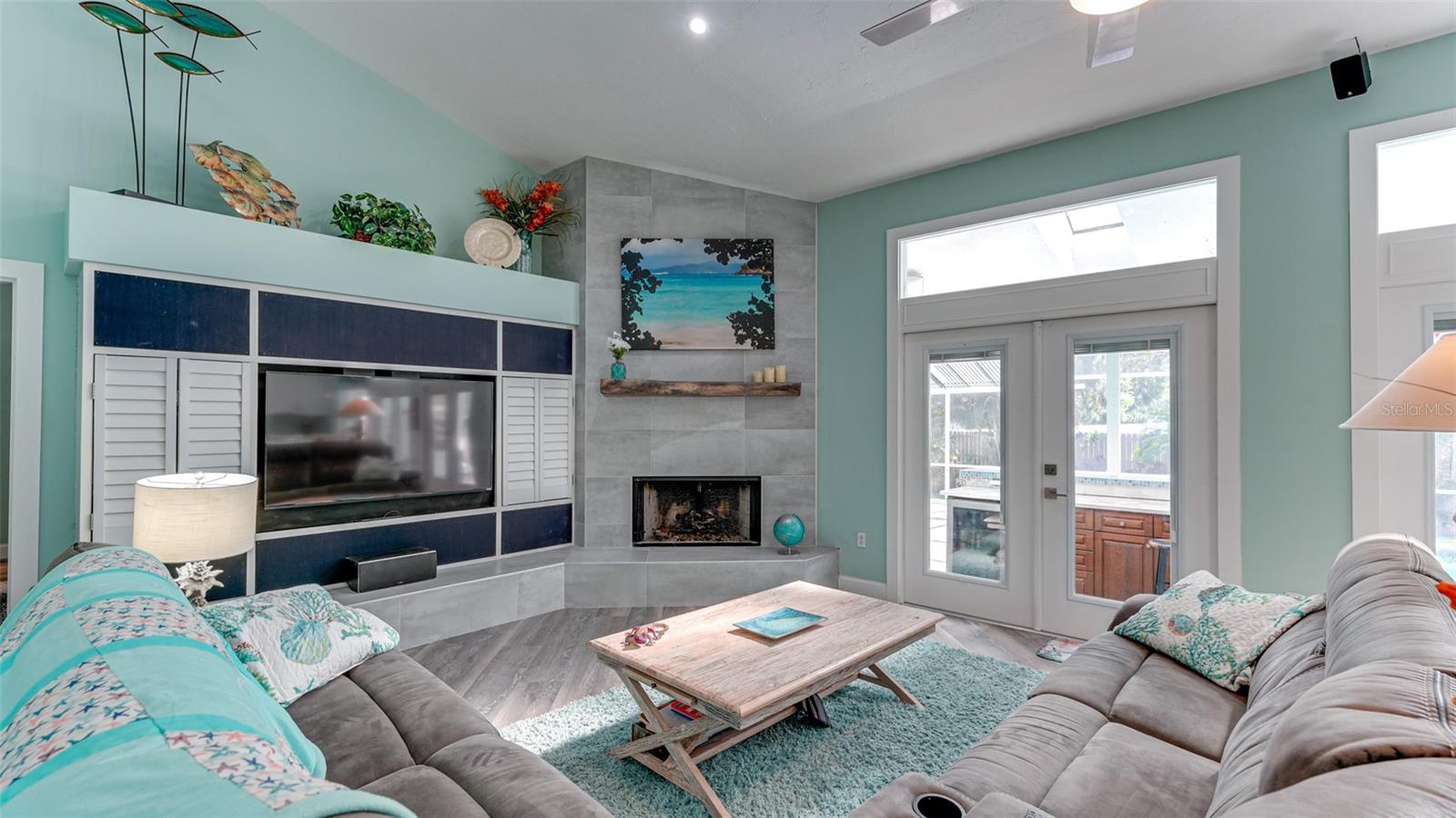 Luxury vinyl floors and gas fireplace