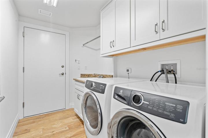 Spacious Laundry Room with Electrolux washer and dryer and plenty of storage.
