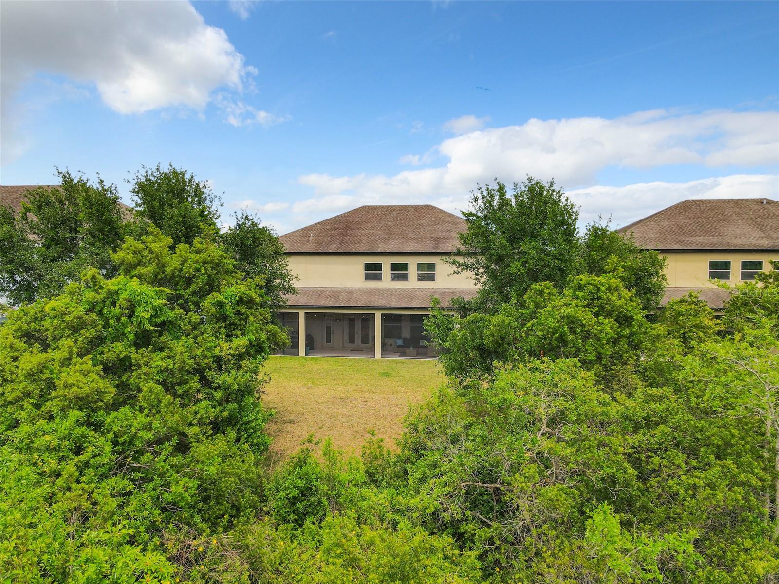 View from conservation area shows greenery provides privacy surrounding the backyard