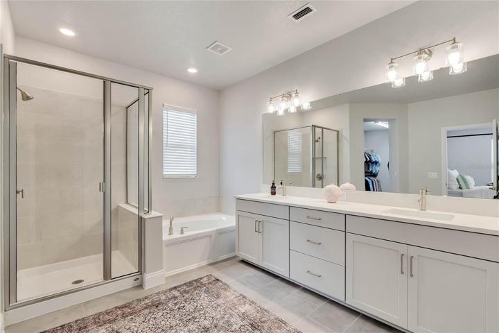 Walk-in shower, soaking tub and double sinks