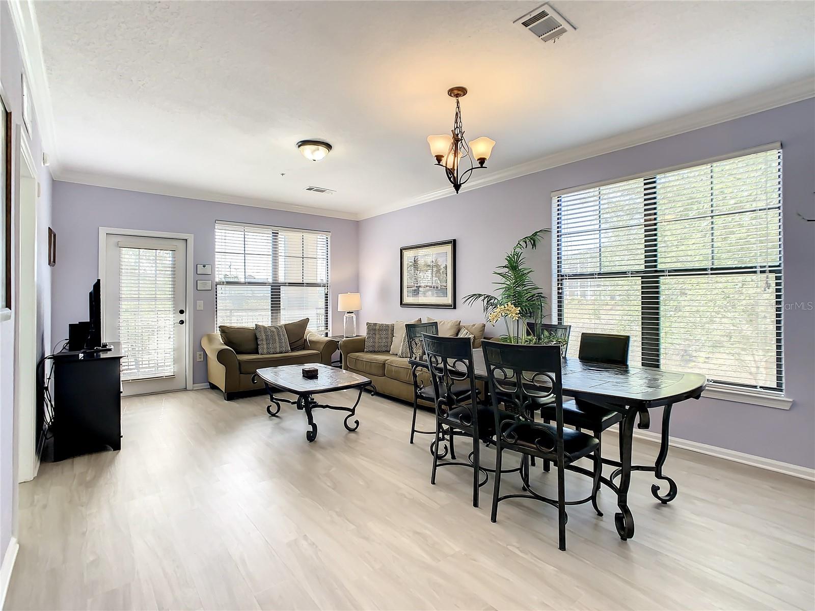Spacious great room with living and dining area