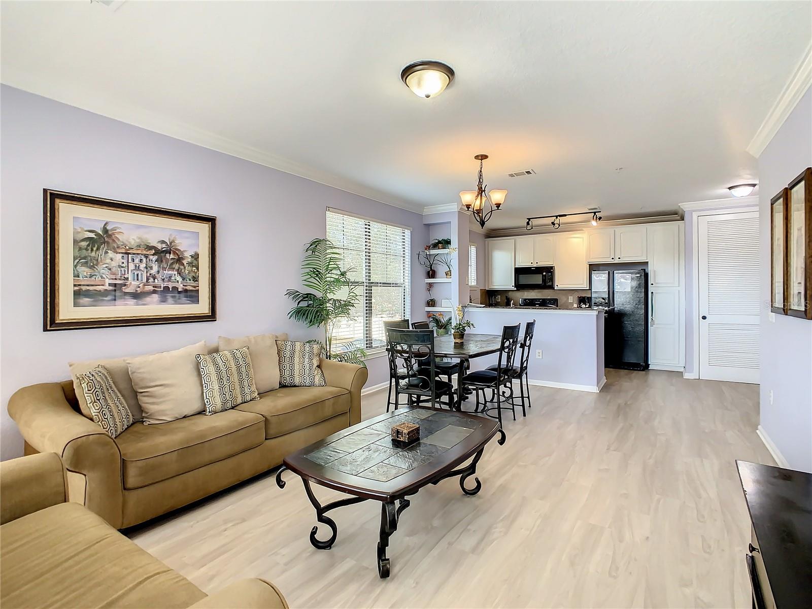 Living and dining area through kitchen