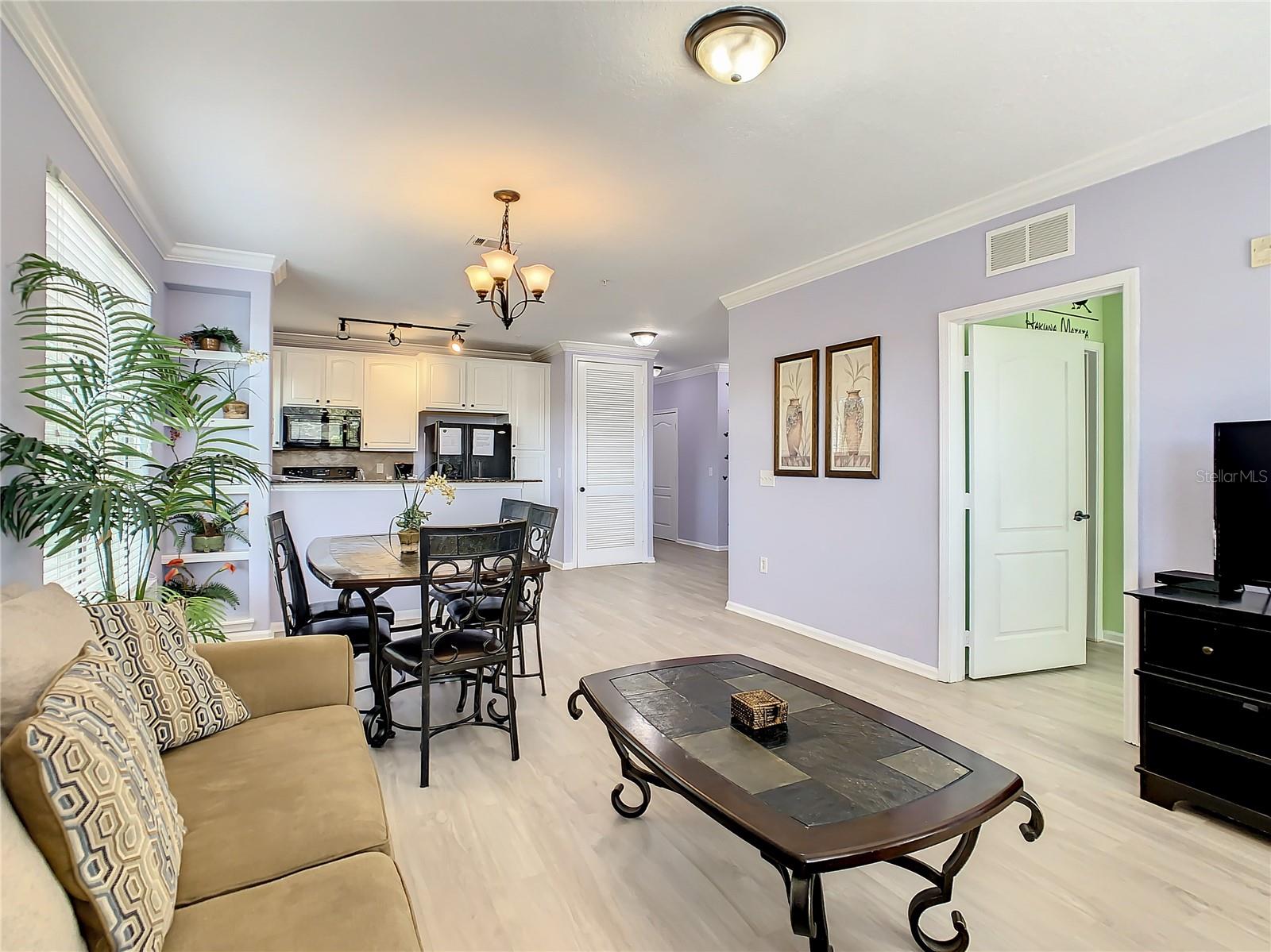 Living and dining area through kitchen
