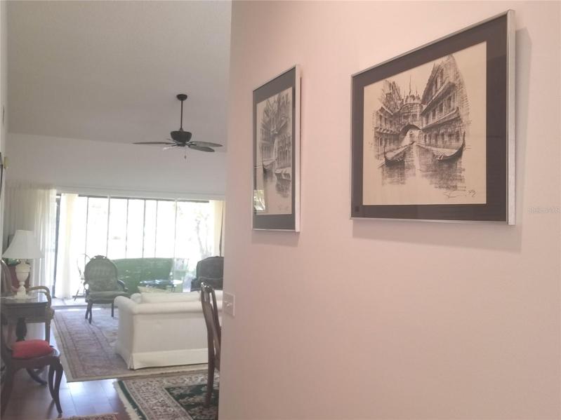 From the kitchen down the hall to the dining and living areas