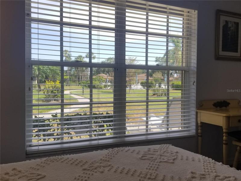 BMain bedroom overlooking green space and pool