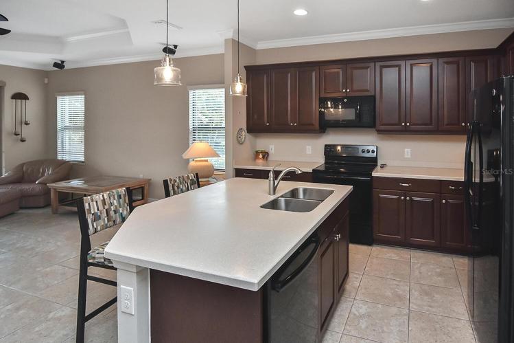 Living room, kitchen, dining area