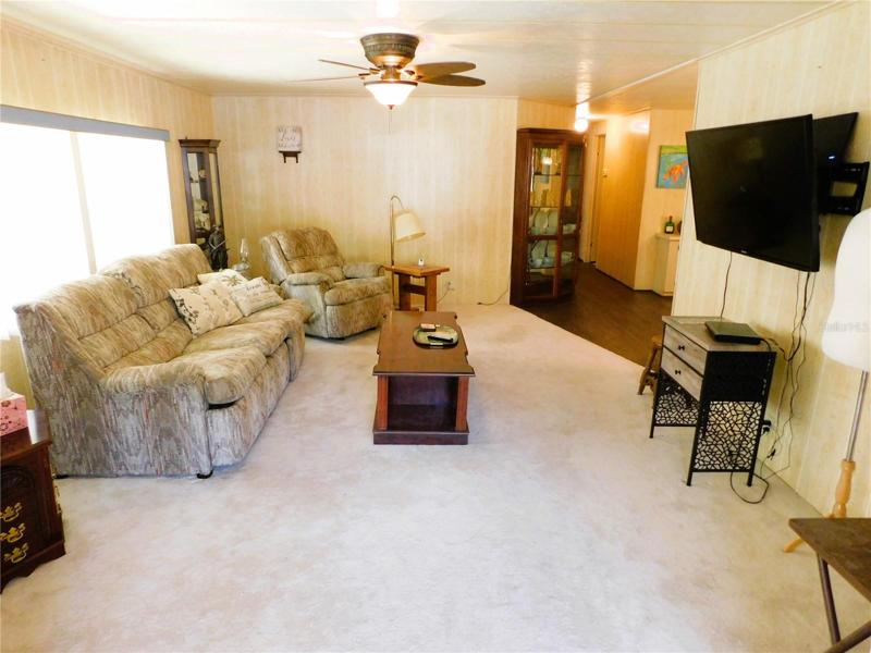 Living room is open with dining area.