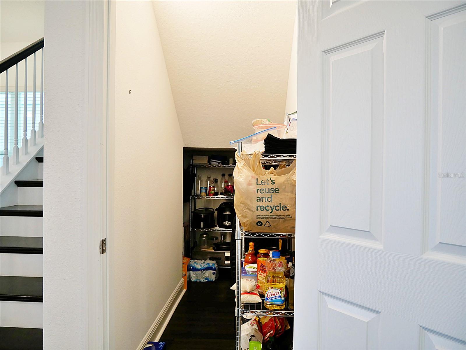 Storage space  under the stairs take a left at the end for more storage space. Hmm?