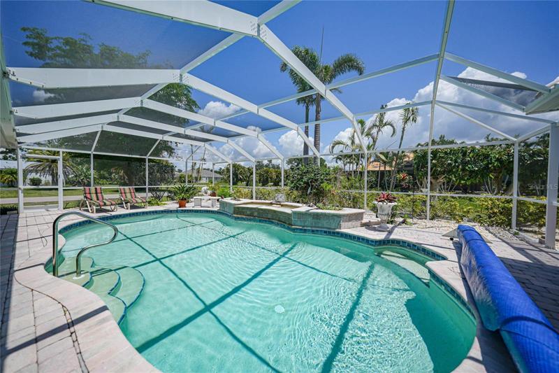 Mature landscaping surrounds the pool.