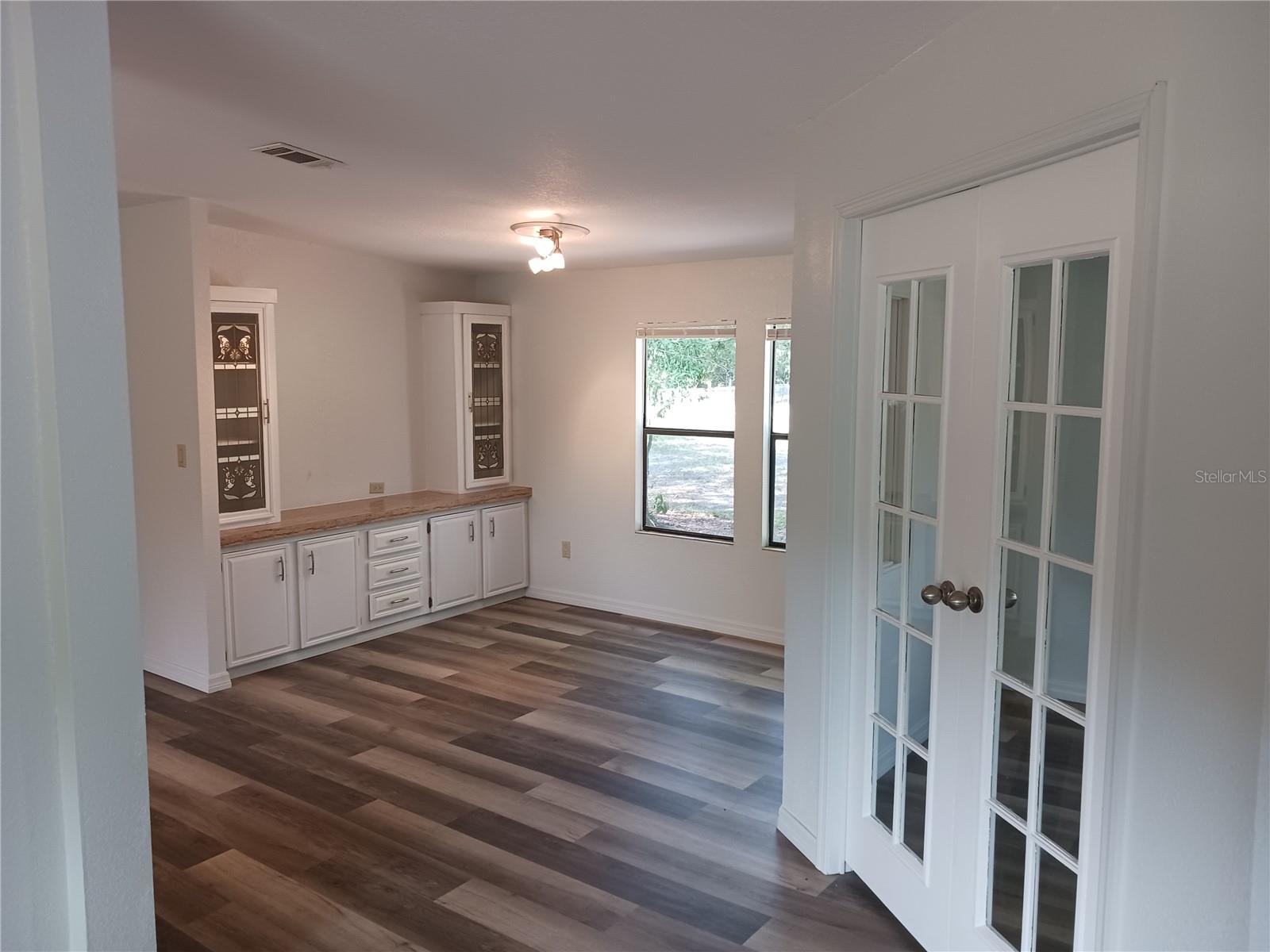 Dining area with built-in storage.