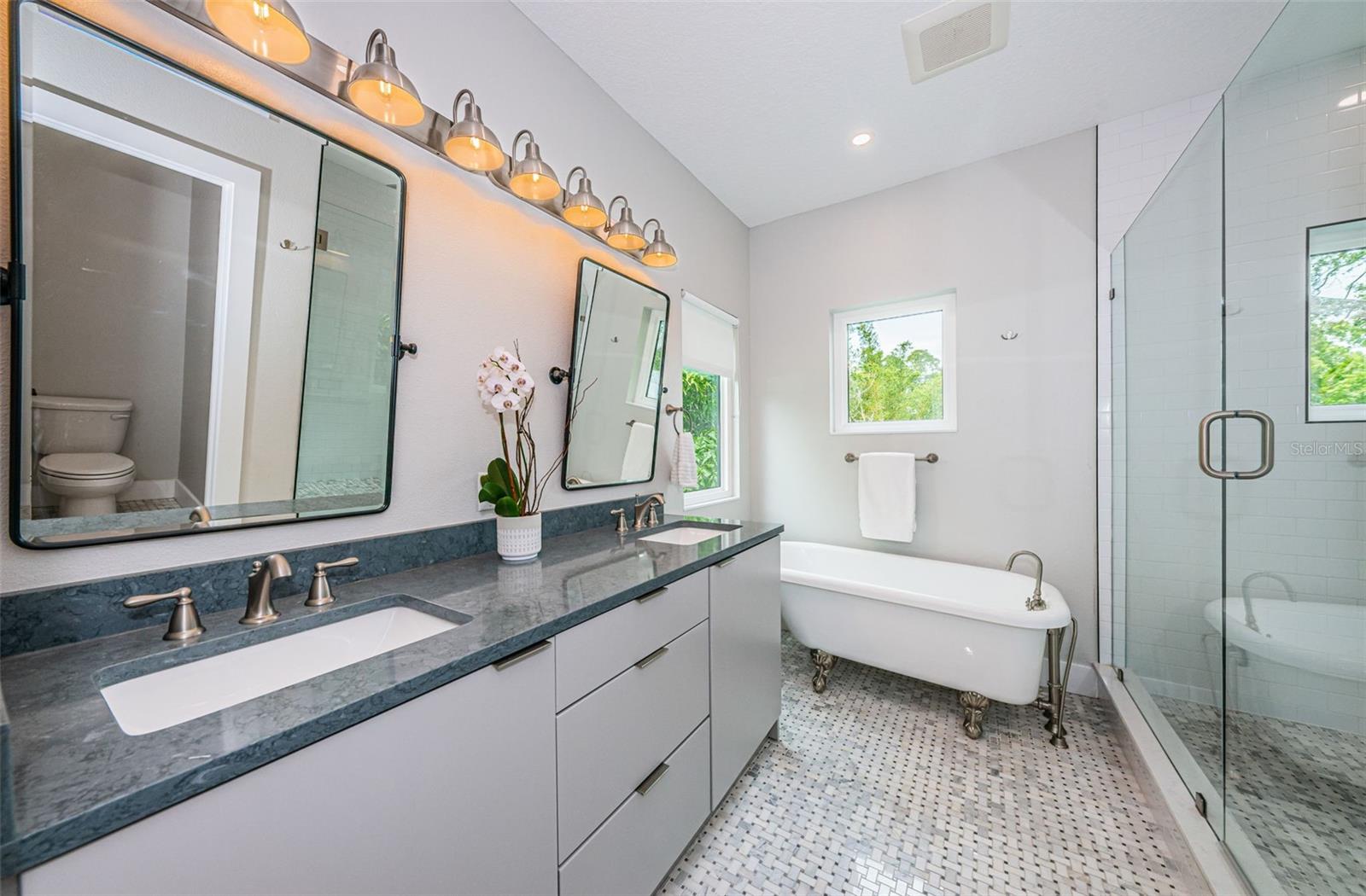 Ensuite bath with oversized shower and separate claw foot tub.
